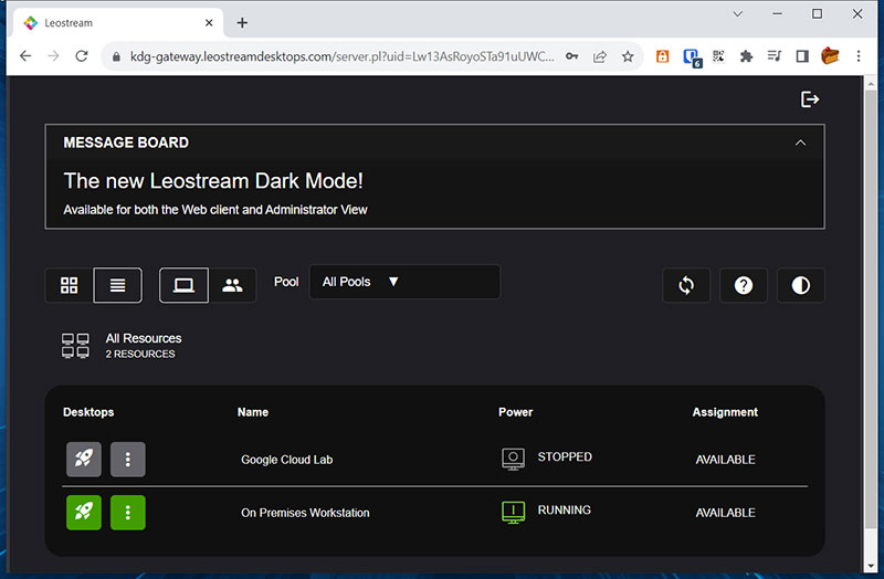 Leostream New Web client dark