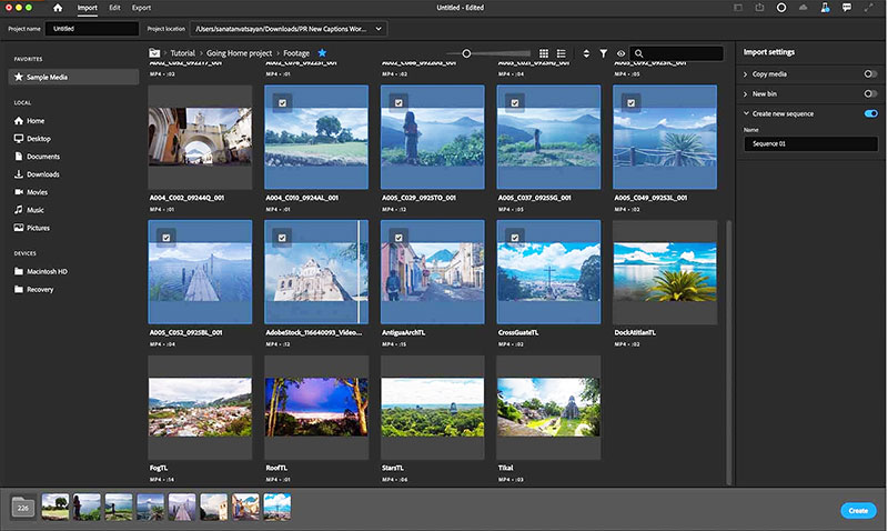 Adobe Premiere select media for import