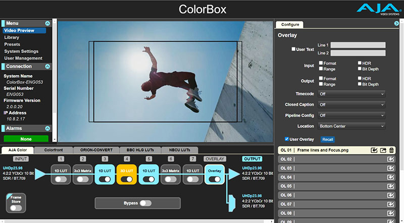 AJA colorbox v2 user overlay with frame lines