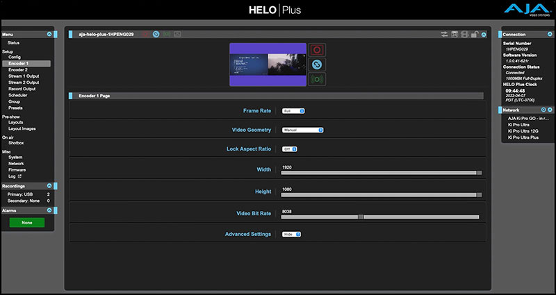 AJA Helo plus encoder menu